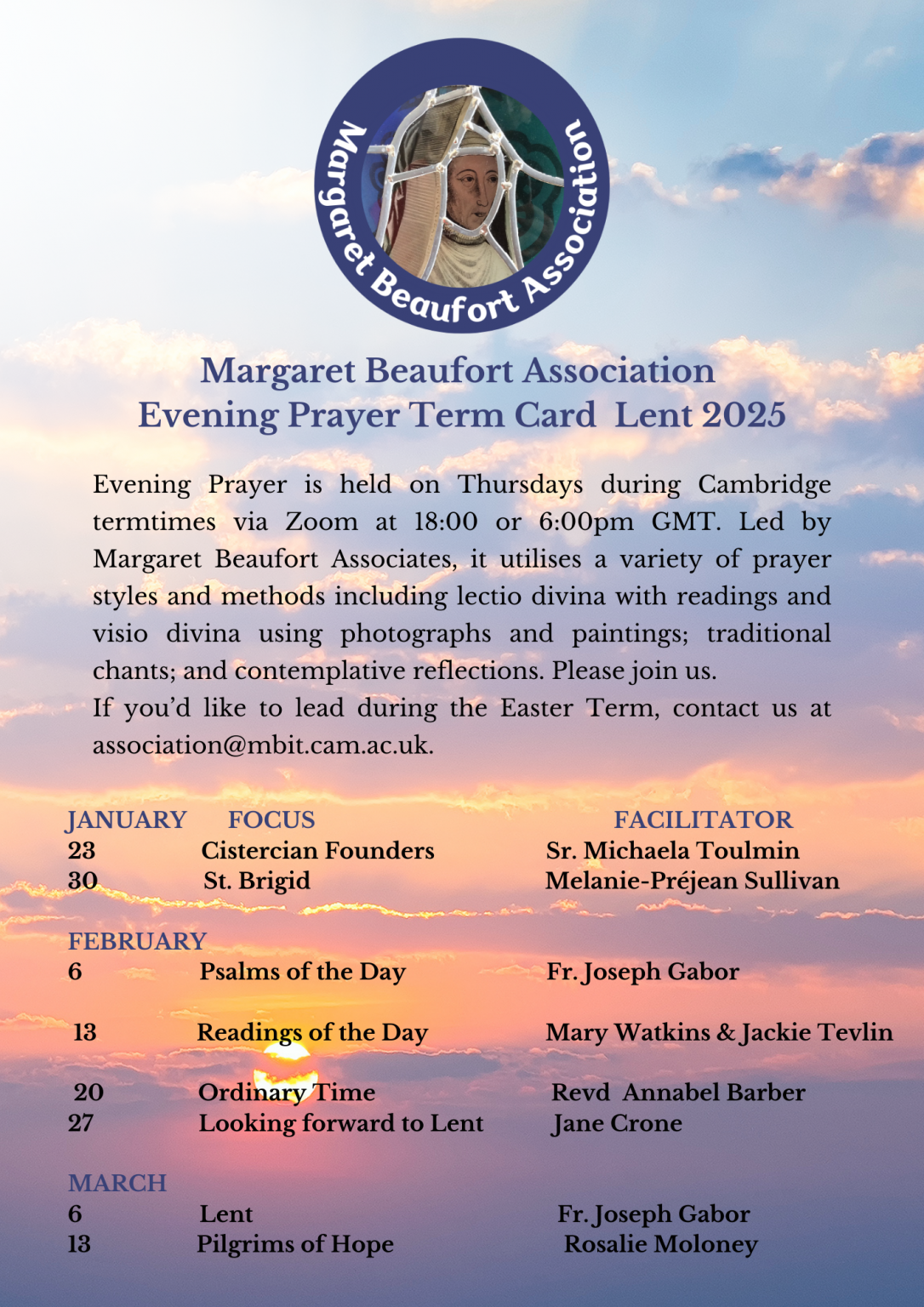 MBA Evening Prayer Lent 2025 Margaret Beaufort Institute